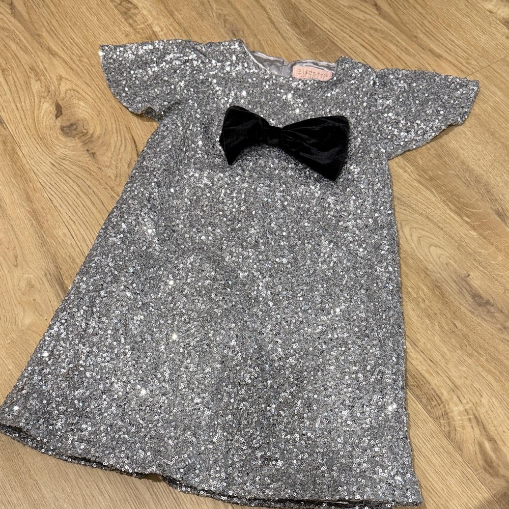 Biscotti Silver Glitter Dress with Black Bow
